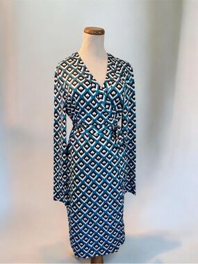 [Diane Von Furstenberg] Julian Long Sleeve Printed Silk Jersey Wrap Dress Sz: M